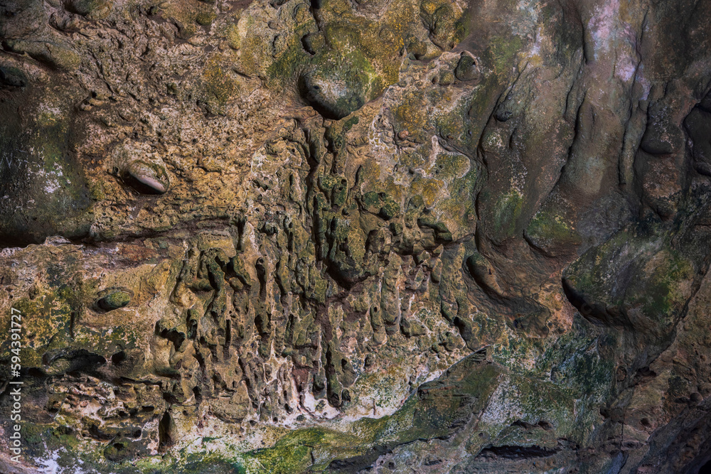 Close-up view of wall texture in mountain Quadirikiri cave in Arikok national park. Aruba island.