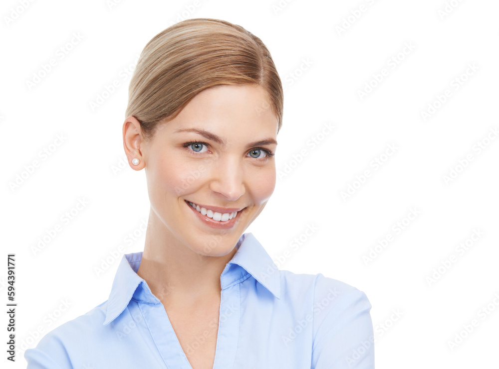 Portrait, happy and business woman in studio confident, empowered and about us on isolated, transparent or png background. Face, smile and female worker with ambitious, empowering or positive mindset