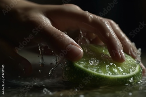 Hands of woman washing ripe limes under faucet in the sink kitchen. made with generative AI