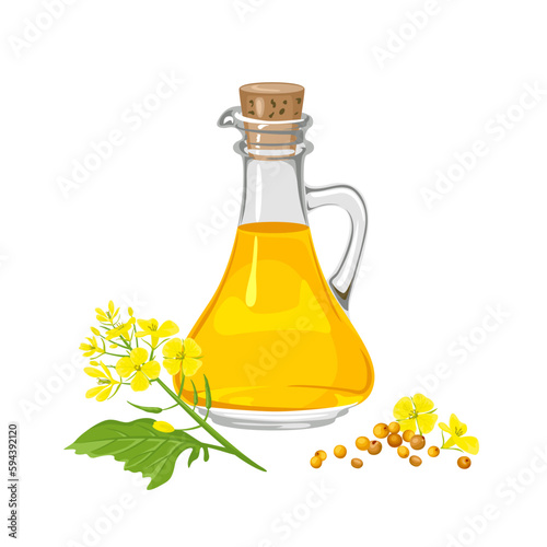 Mustard oil in glass bottle, plant and seeds isolated on white. Vector cartoon illustration of food.
