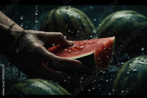 Hands of woman washing ripe watermelon under faucet in the sink kitchen. made with generative AI