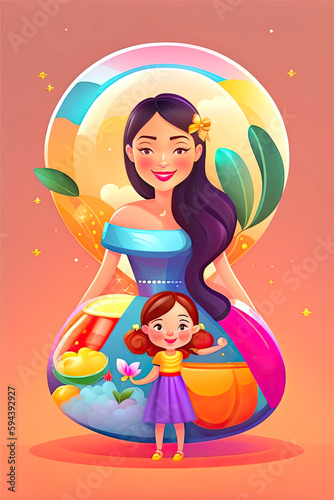 Happy Mother s Day Illustration. mom with daughter in love