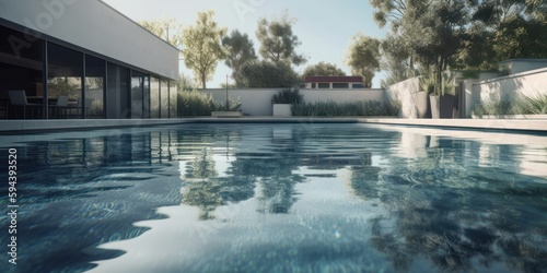 panoramic of a pool of hotel or house, generative ai © carballo