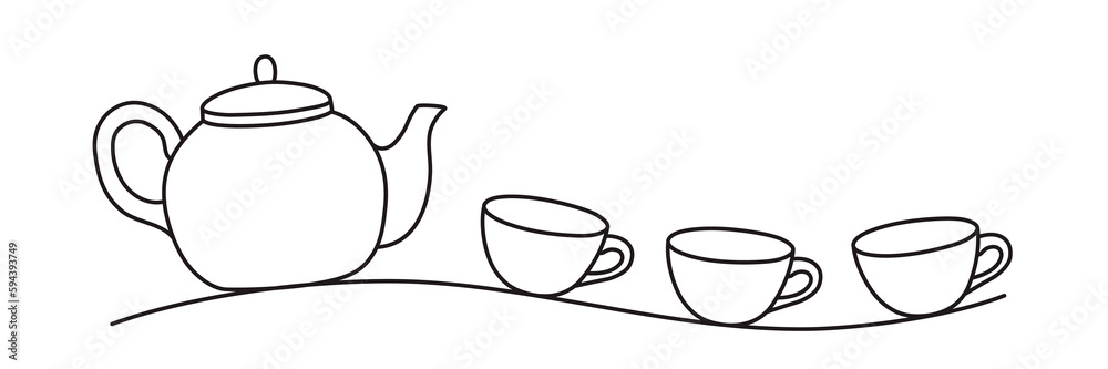 Teapot and three tea cups banner hand drawn with thin line. Png clipart isolated on transparent background Teapot and three tea cups banner hand drawn with thin line. Png clipart isolated on transparent background