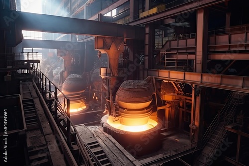aluminum smelting plant, showcasing the process of turning raw ore into finished product, created with generative ai