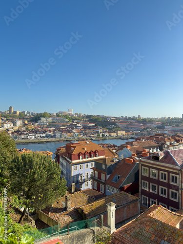 Aerial view from one of the viewpoints of the city with the details of the unique buildings of the historic center of the city of Porto and Douro river, Portugal