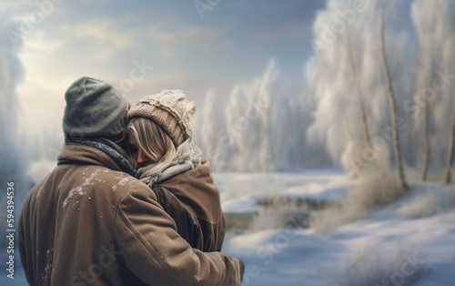loving couple hugging in Winter wonderlan landscape.romantic love story, a beautiful stylish young boyfriend and girlfriend with blurred winter snow landscape and copy space