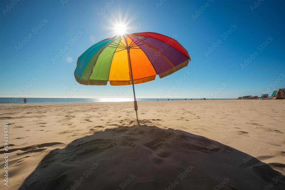Summer Vacation Paradise: Vibrant Beach Umbrella, Sunlit Sand, and Crystal Clear Ocean