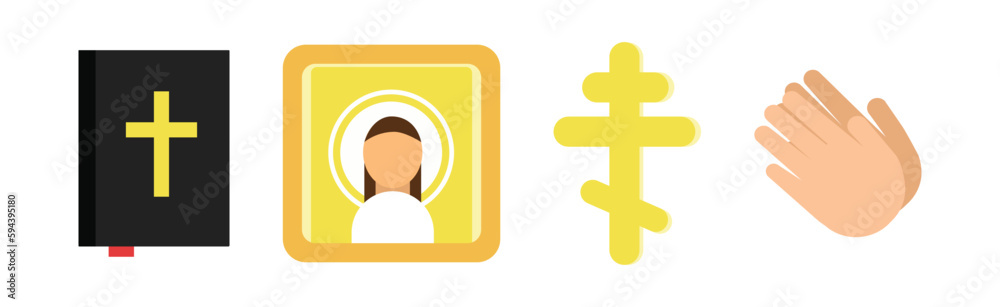 Obraz premium Christian Religion Attributes with Cross, Bible, Praying Hands and Image Vector Set