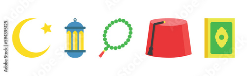 Muslim Religion Attributes with Fez Hat and Tasbeeh Vector Set