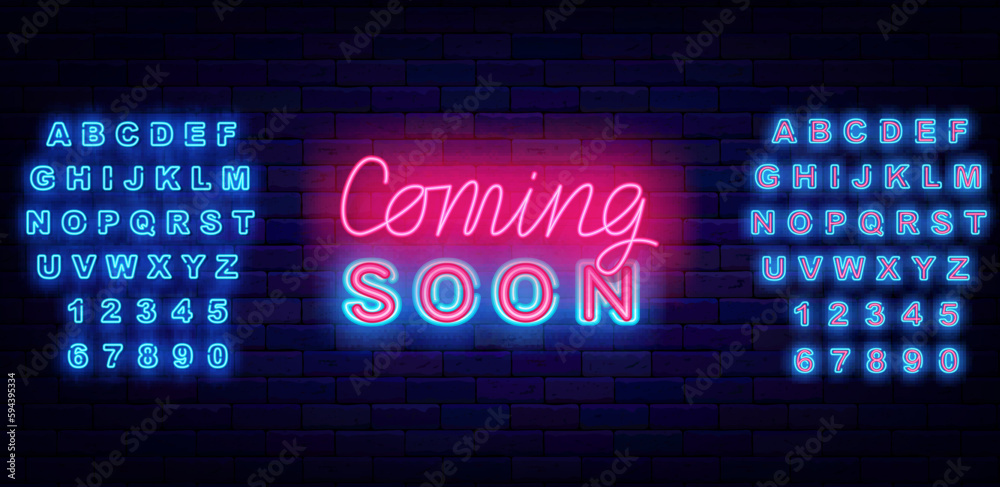 Coming soon neon label with lettering. Party and sale preparation sign. Pop art kids design. Vector stock illustration