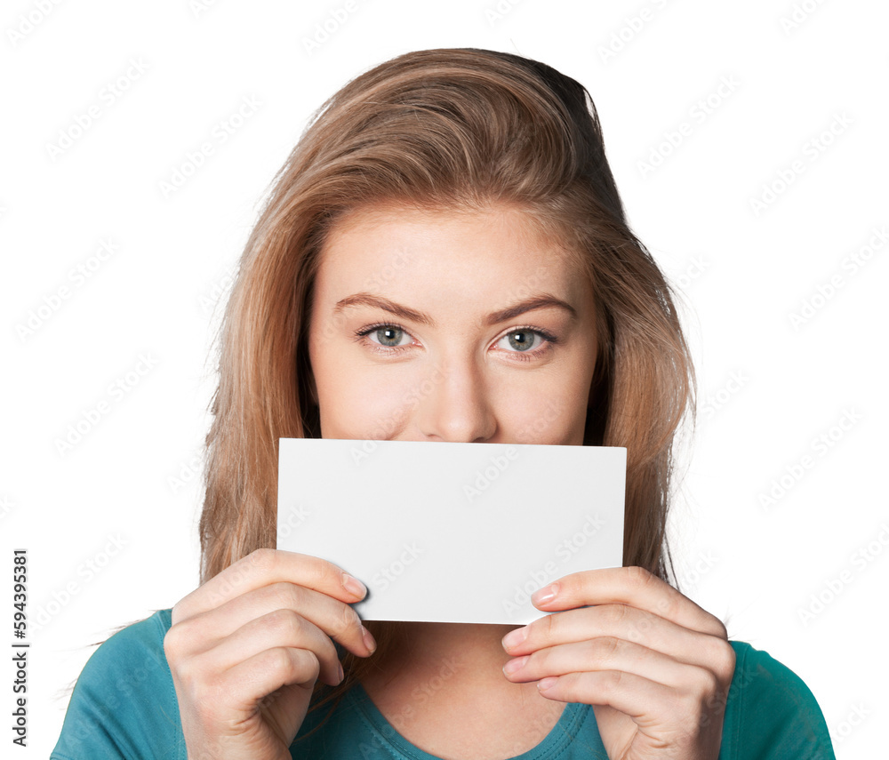 Young cute woman with empty board isolated on white background Young cute woman with empty board isolated on white background