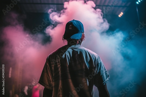 Artist rapper at a music concert on stage singing seen from the back with pink and blue smoke. Hip hop rap artist live performance. Ai generated photo