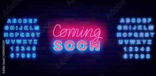 Coming soon neon label with lettering. Party and sale preparation sign. Pop art kids design. Vector stock illustration