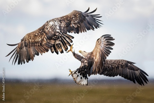 Pair of white-tailed eagles locked in a midair battle with their wings spread wide as they soar