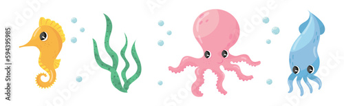 Cute Sea Animals with Octopus, Seahorse and Squid Vector Set
