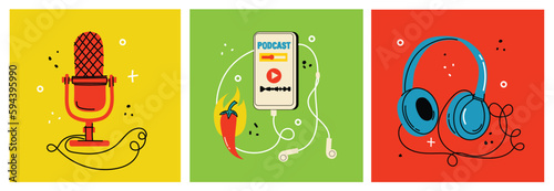 Podcast recording and listening, broadcasting, online radio, audio streaming service concept.