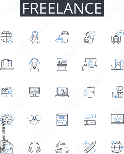 Freelance line icons collection. Independent contractor, Consultant, Self-employed, Soloist, Entrepreneur, Solopreneur, Creative professional vector and linear illustration. Self-starter,Digital nomad