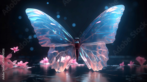 Butterfly with transparent crystal wings on a blue