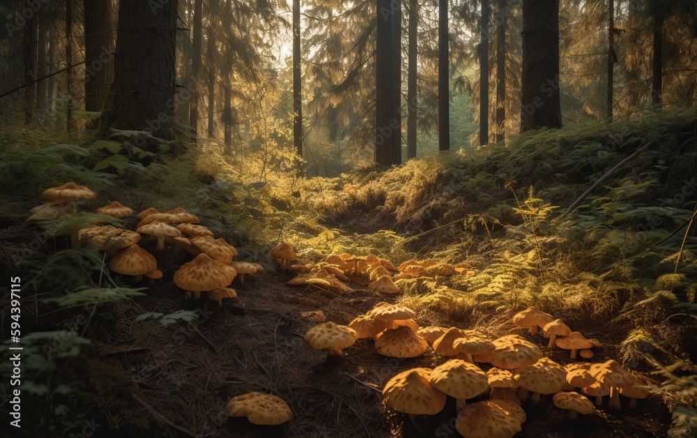 Chanterelles mushrooms in the forest at dawn, photography, AI