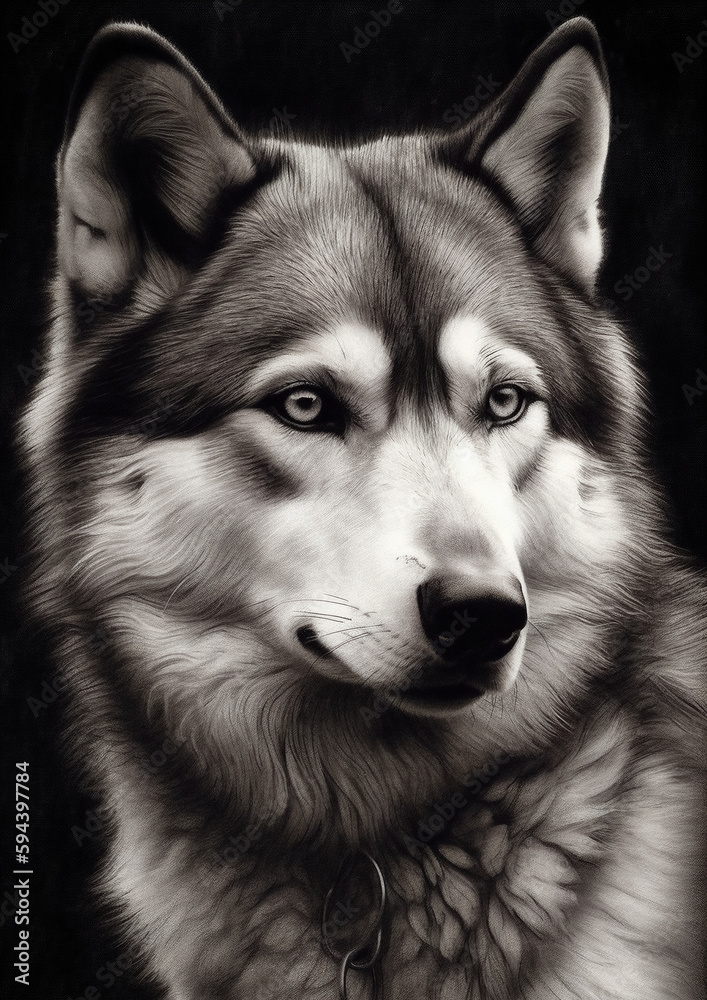 Illustration of a Siberian Husky in a fictional scenery for frame. Pet animal concept art. Generative AI