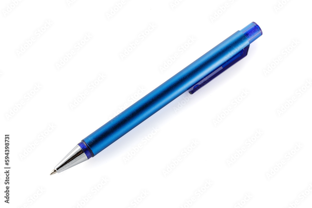 Side view of a blue ballpoint pen, isolated on a white background. Close-up. Side view of a blue ballpoint pen, isolated on a white background. Close-up.