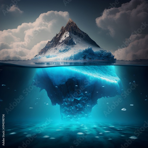 An iceberg under a mountain in the ocean. Add a touch of adventure and awe to your creative projects with this breathtaking stock photo of an iceberg submerged beneath a mountain in the ocean.
