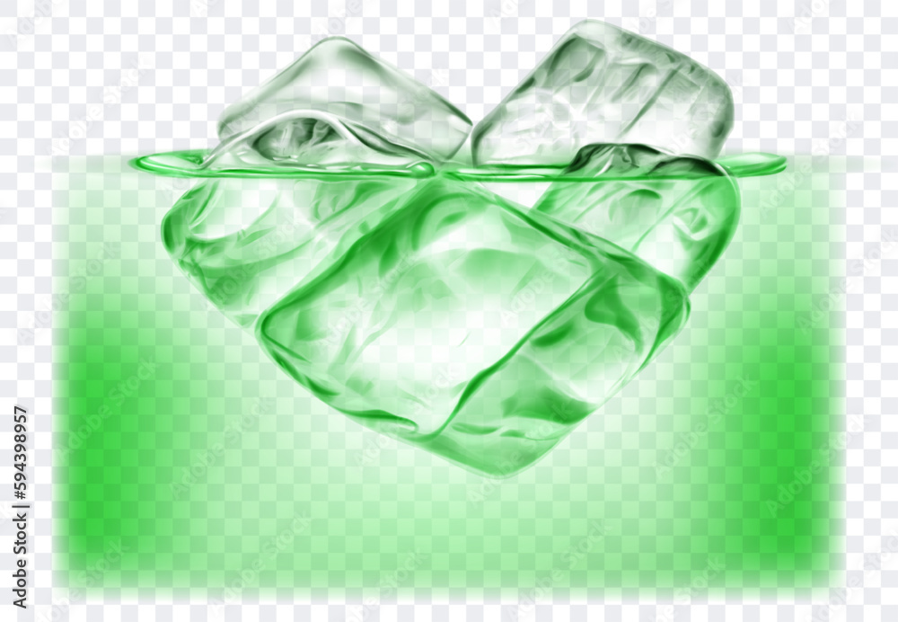 Fototapeta premium Several big translucent ice cubes floating in the water. Isolated on transparent background. Vector illustration in green colors. Transparency only in vector format