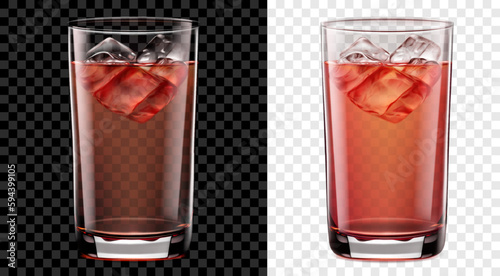 Translucent tall glass of red cocktail with ice cubes. Two options, for dark and light background. Transparency only in vector format