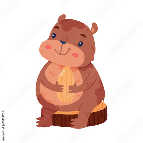 Cute Hamster Character with Stout Body Sitting on Tree Stump Eating Seed Vector Illustration