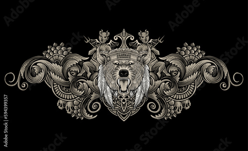 Illustration of tribal bear head with vintage engraving ornament in back perfect for your business and Merchandise