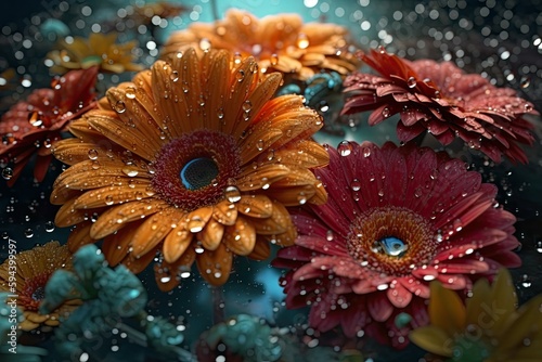 AI. A bright and colorful mix of exotic gerberas with water droplets