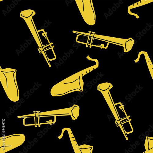 Seamless pattern with illustration of musical instrument trumpet and saxophone in cutting style yellow color on black background