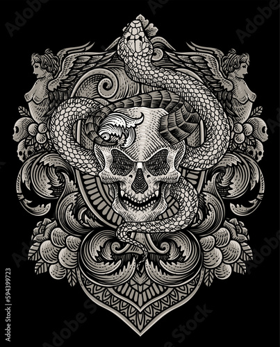 Vector illustration. demon skull with snake vintage engraving ornament style perfect for your business and T shirt merchandise