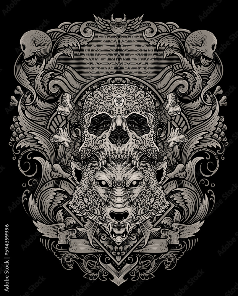 Illustration of wolf head with skull hat vintage engraving ornament in back perfect for your business and Merchandise