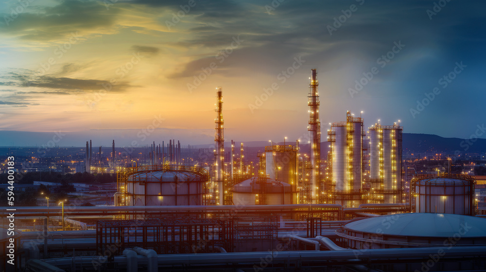 Oil refinery with oil storage tank and industrial background of petrochemical plant at twilight, Aerial view of oil and gas refinery at twilight. Generative AI