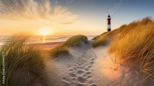 Showcasing the serene and picturesque beach scene on the island of Sylt, Germany, capturing the pristine white sand, rolling waves of the North Sea, and a majestic lighthouse
