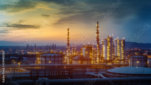 Oil refinery with oil storage tank and industrial background of petrochemical plant at twilight, Aerial view of oil and gas refinery at twilight. Generative AI