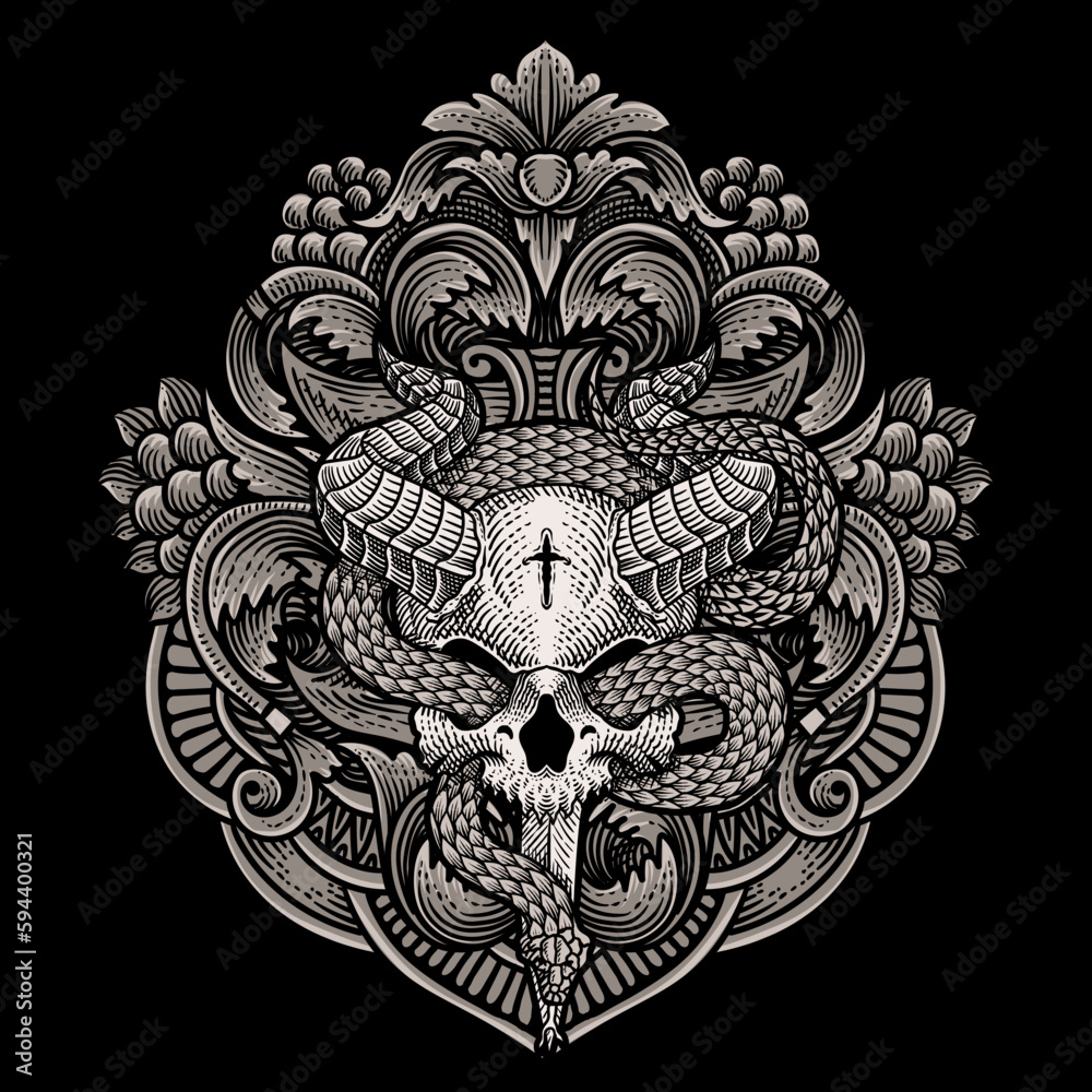 Vector illustration. demon skull with snake vintage engraving ornament style perfect for your business and T shirt merchandise