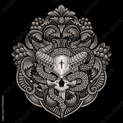 Vector illustration. demon skull with snake vintage engraving ornament style perfect for your business and T shirt merchandise