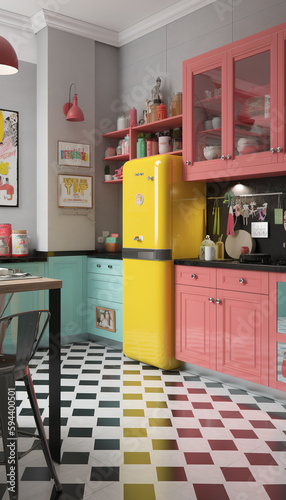 A cool pop-art inspired kitchen with bright, eye-catching appliances and retro furnishings. Generative AI