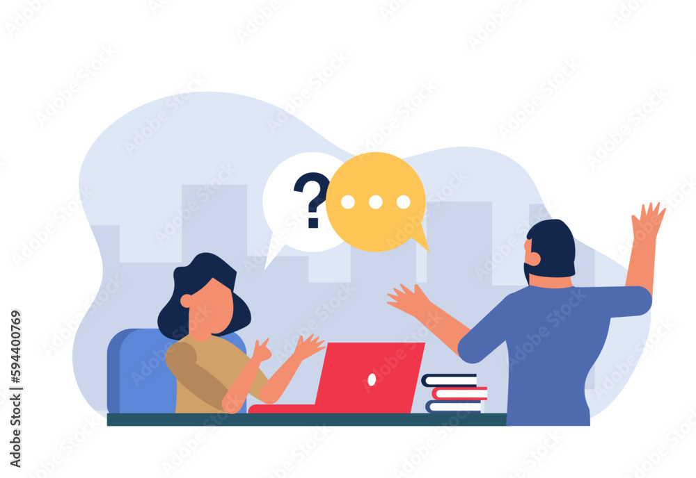 Man at a job interview. A woman sits at a table and asks questions to a man. Business vector illustration with people Man at a job interview. A woman sits at a table and asks questions to a man. Business vector illustration with people