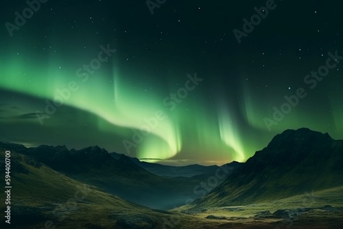Rugged Landscape with Aurora Borealis. Green Sky Banner with copy-space. Generative AI