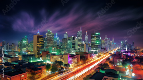 skyline at night, with the lights of the buildings and streets