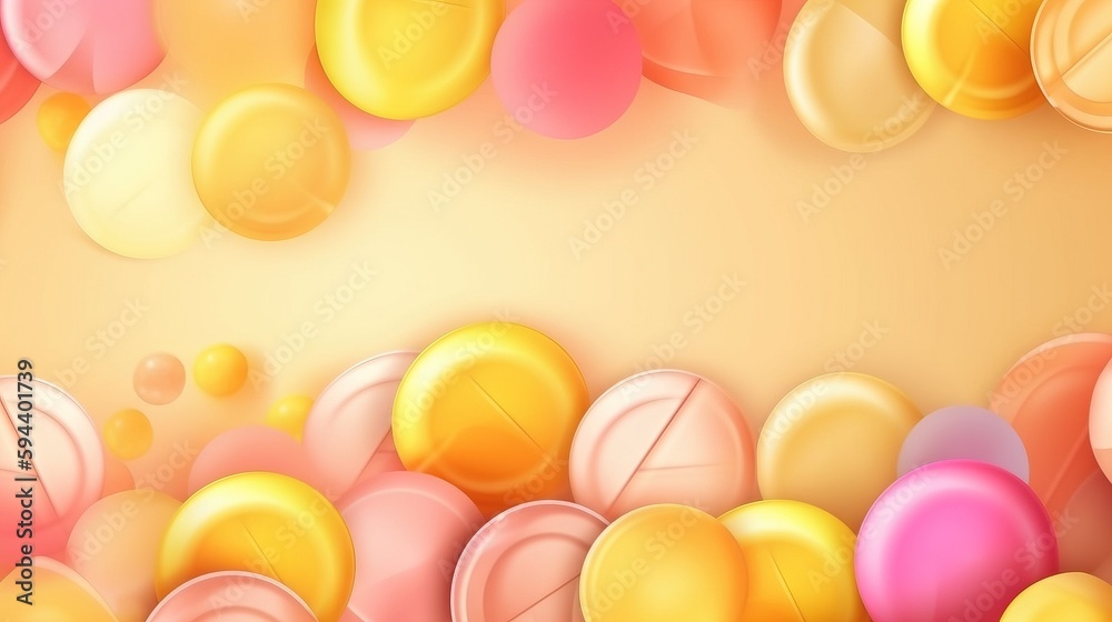 a bunch of balloons are floating in the air on a yellow background with ...