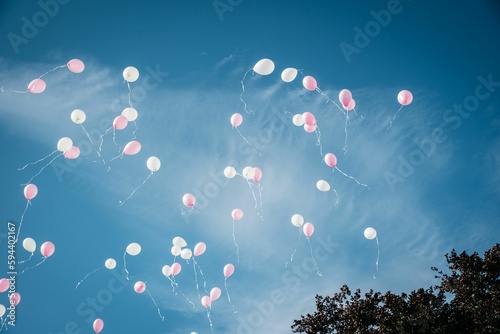 the balloons fly in the air on a sunny day with clouds