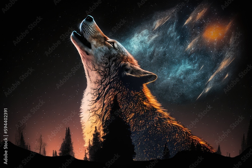 double-exposure of wolf howling at the moon, with the stars and milky ...