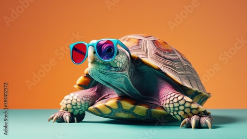Fototapeta Naklejka Na Ścianę i Meble -  Turtle animal wearing stylish cool sunglasses over vibrant colorful pain isolated background. Generative AI