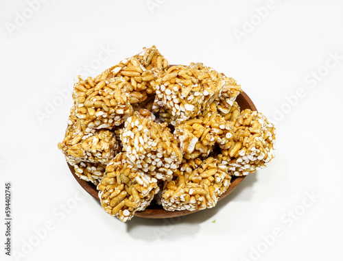 Rice popcorn or brondong, a traditional Indonesian food made from rice coated with sweet brown sugar