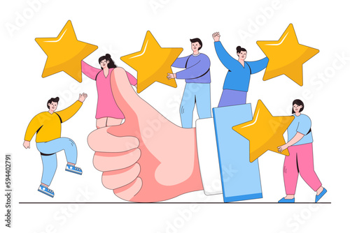 Satisfactory vote, measurement of customer satisfaction and star rating concept with thumb up gesture. Outline design style vector illustration for landing page, web banner, infographics, hero images